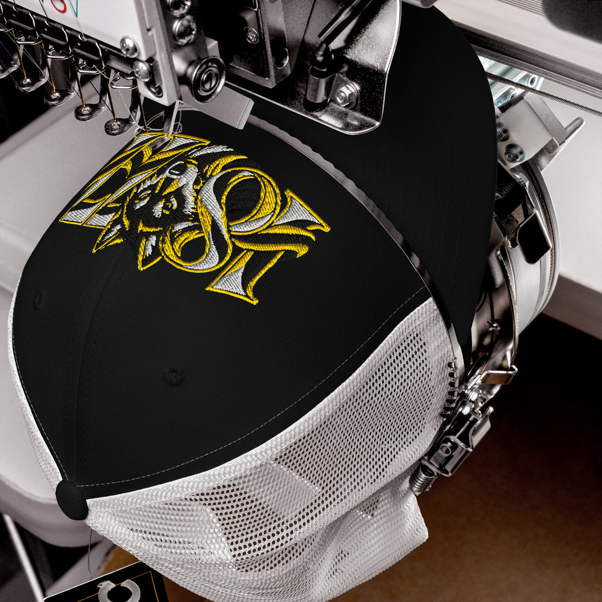 Wolves 1877 Heritage Wolf embroidered football trucker cap, black white colour, front view