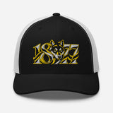Wolves 1877 Heritage Wolf embroidered football trucker cap, black white colour, front view