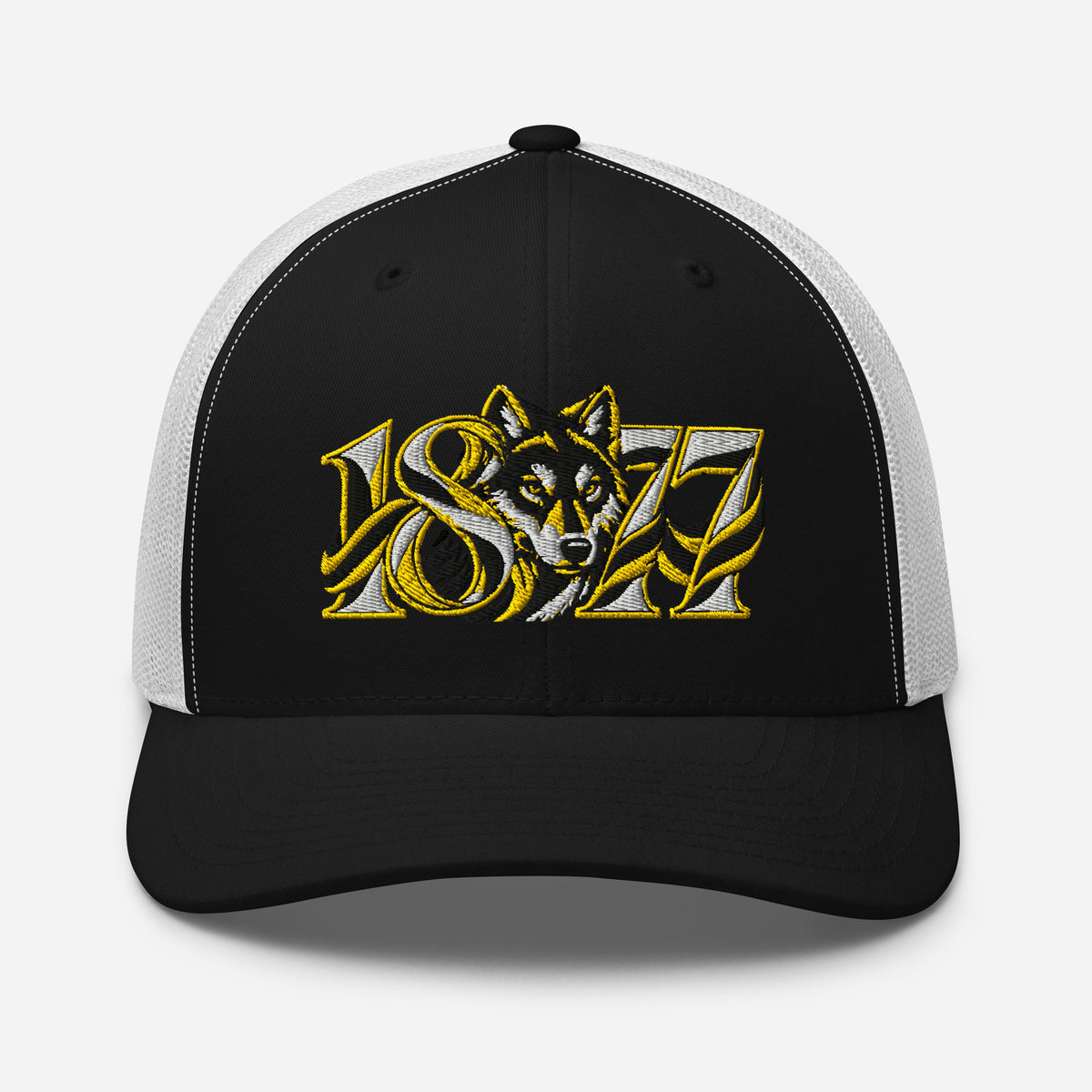 Wolves 1877 Heritage Wolf embroidered football trucker cap, black white colour, front view