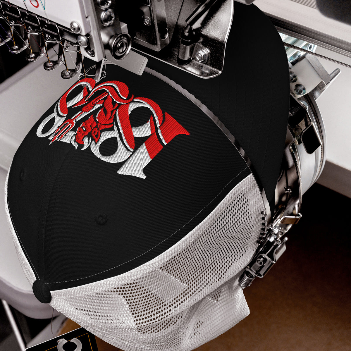 Manchester United 1878 Red Devil Heritage embroidered football trucker cap, black white colour, front view