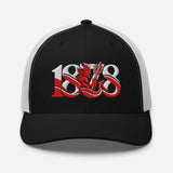 Manchester United 1878 Red Devil Heritage embroidered football trucker cap, black white colour, front view