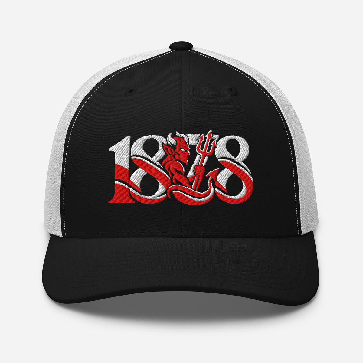 Manchester United 1878 Red Devil Heritage embroidered football trucker cap, black white colour, front view