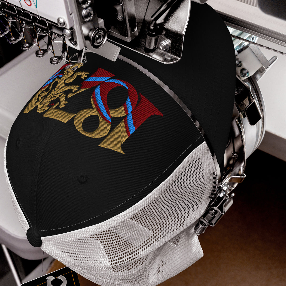 Aston Villa 1874 Lion Heritage embroidered football trucker cap, black white colour, front view
