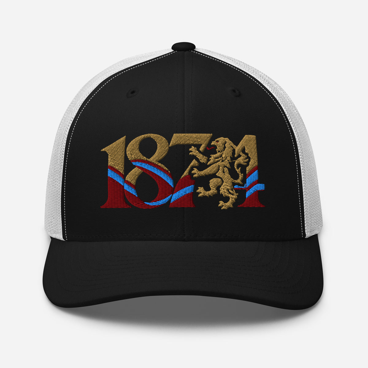 Aston Villa 1874 Lion Heritage embroidered football trucker cap, black white colour, front view
