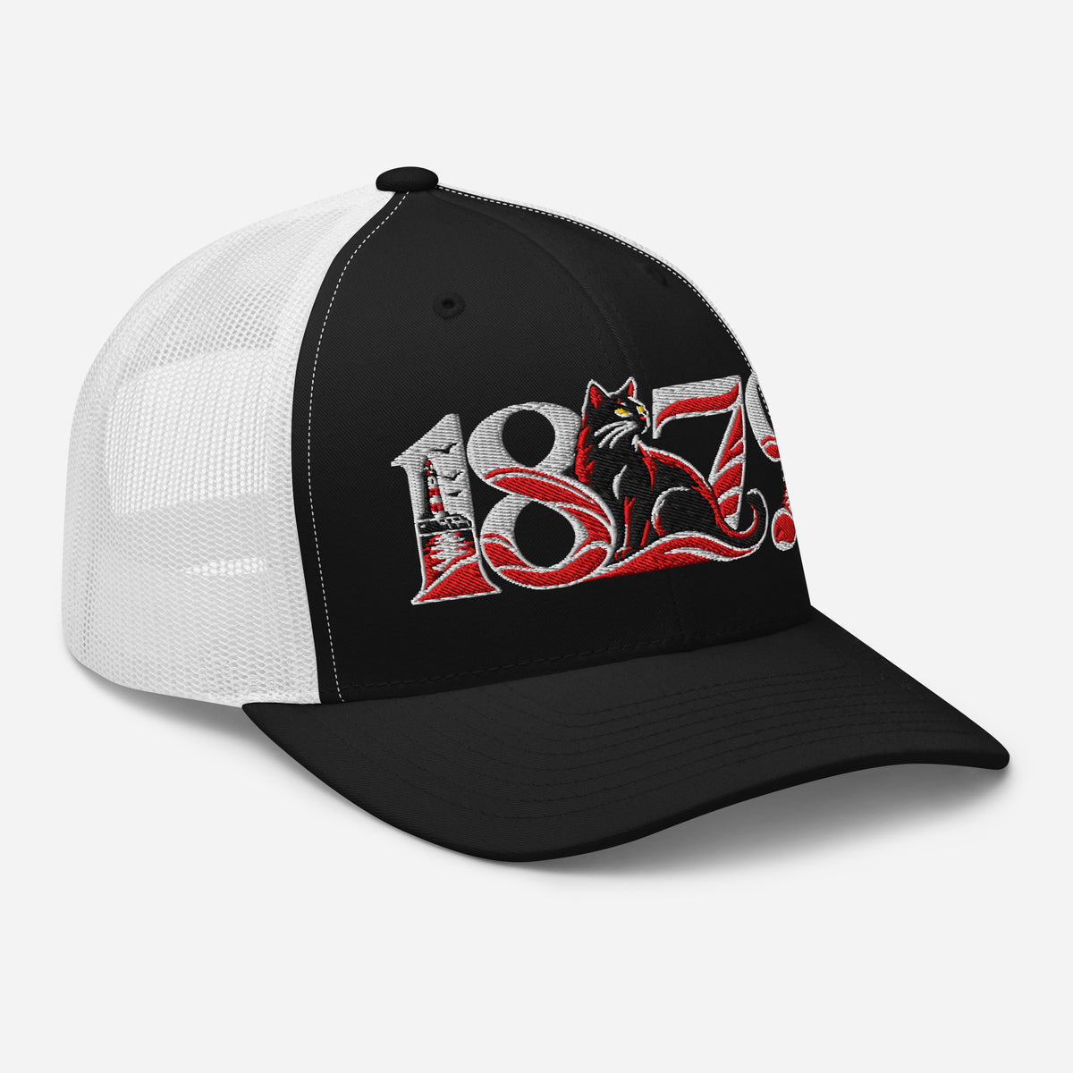 Sunderland 1879 Heritage Embroidered Football Trucker Cap – black white right front view