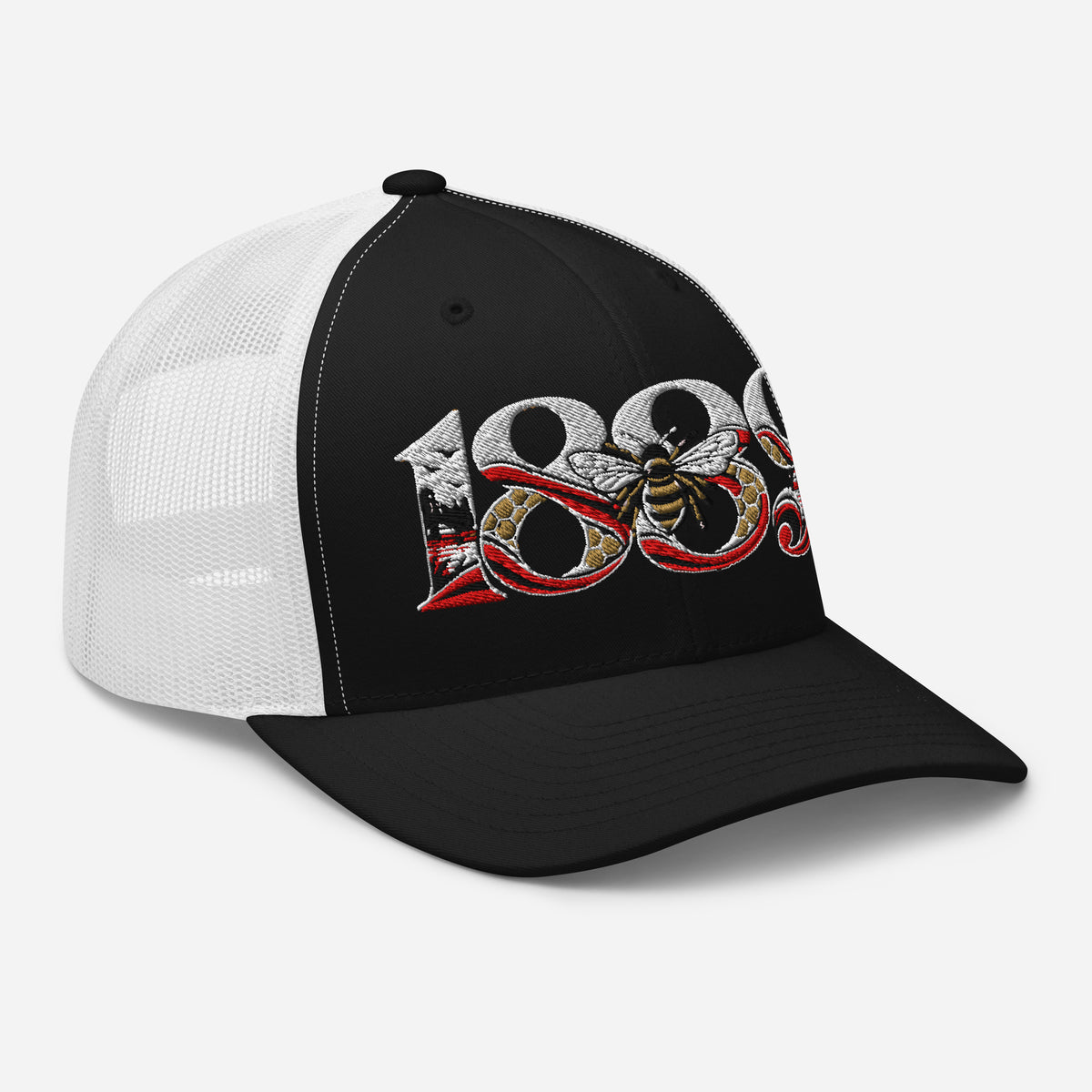 Brentford 1889 Heritage Bees embroidered football trucker cap, black white colour, right-front view