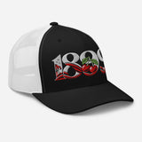 Bournemouth 1899 Heritage Cherries embroidered football trucker cap, black white colour, right-front view