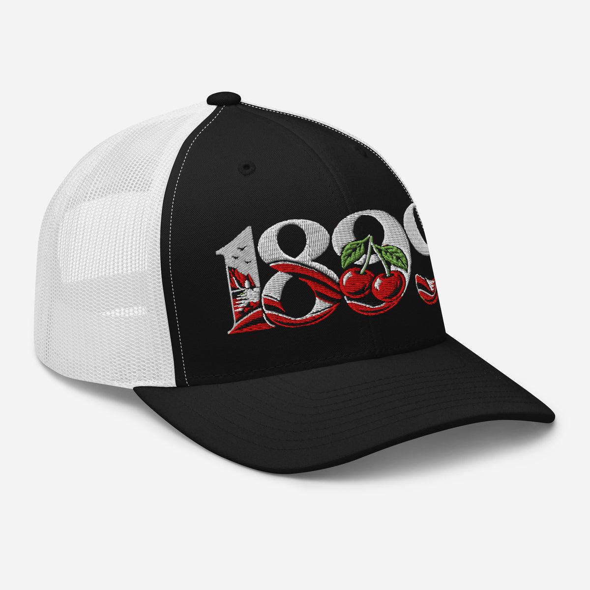 Bournemouth 1899 Heritage Cherries embroidered football trucker cap, black white colour, right-front view