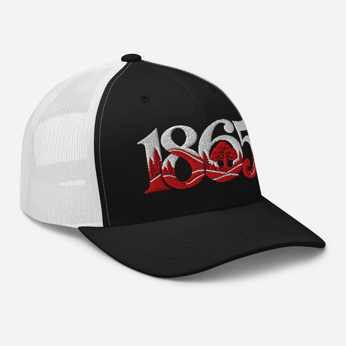Nottingham 1865 Tree Roots Heritage embroidered football trucker cap, black white colour, right-front view
