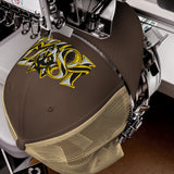 Wolves 1877 Heritage Wolf embroidered football trucker cap, brown khaki colour, front view