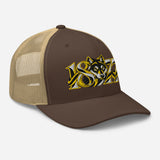 Wolves 1877 Heritage Wolf embroidered football trucker cap, brown khaki colour, right-front view
