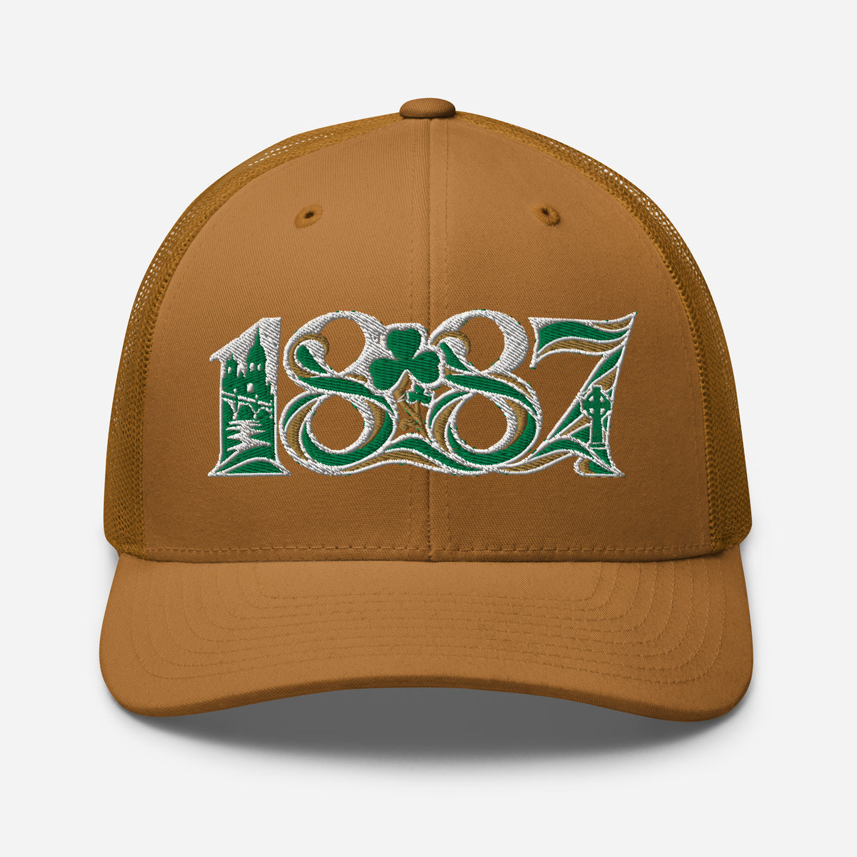 Celtic 1887 Founding Year Inspired Embroidered Football Trucker Cap – caramel front view