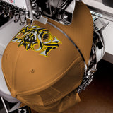 Wolves 1877 Heritage Wolf embroidered football trucker cap, caramel colour, front view