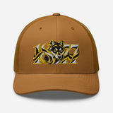 Wolves 1877 Heritage Wolf embroidered football trucker cap, caramel colour, front view