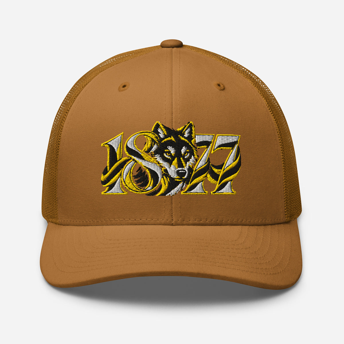 Wolves 1877 Heritage Wolf embroidered football trucker cap, caramel colour, front view