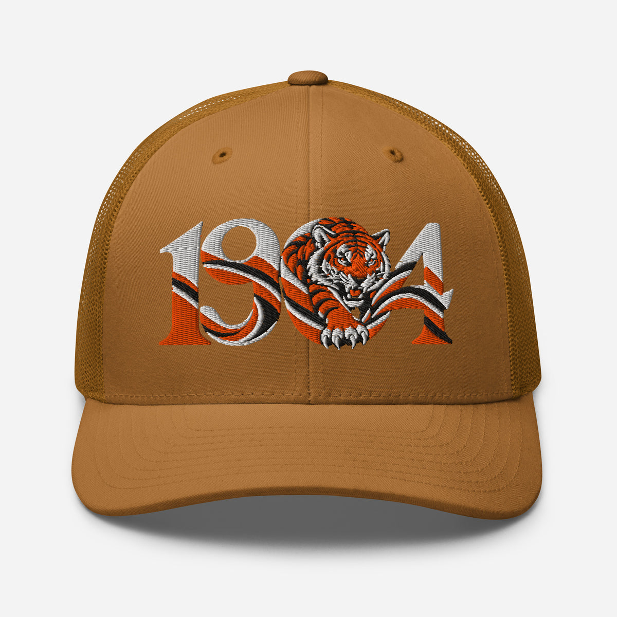 Hull 1904 Tigers Heritage embroidered football trucker cap, caramel colour, front view