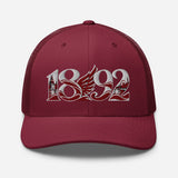 Liverpool 1892 Heritage Liver Bird Embroidered Football Trucker Cap – cranberry front view
