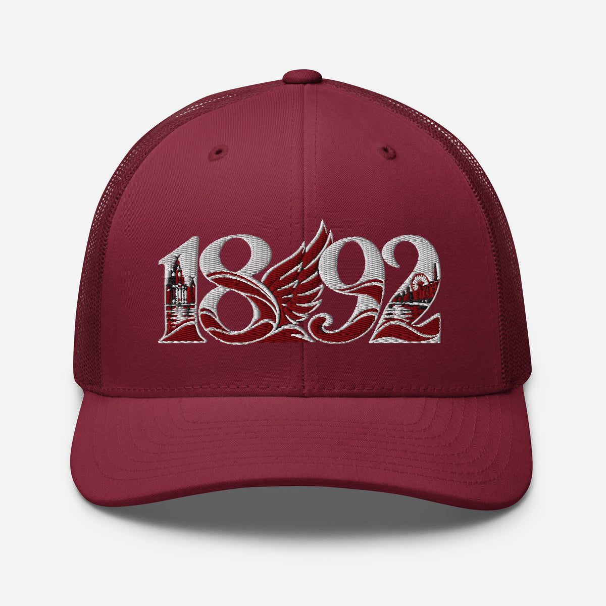 Liverpool 1892 Heritage Liver Bird Embroidered Football Trucker Cap – cranberry front view