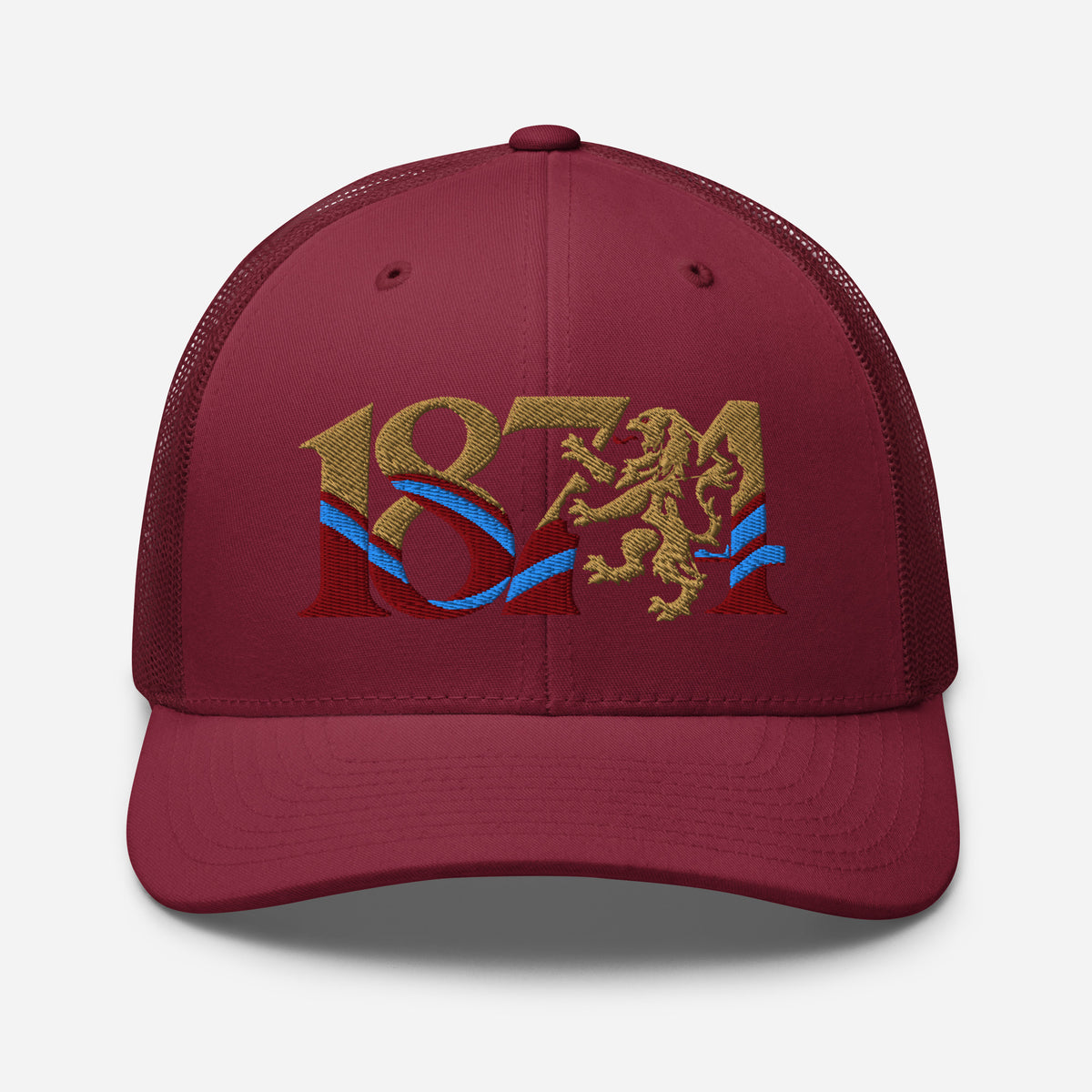 Aston Villa 1874 Lion Heritage embroidered football trucker cap, cranberry colour, front view