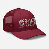Liverpool 1892 Heritage Liver Bird Embroidered Football Trucker Cap – cranberry right front view