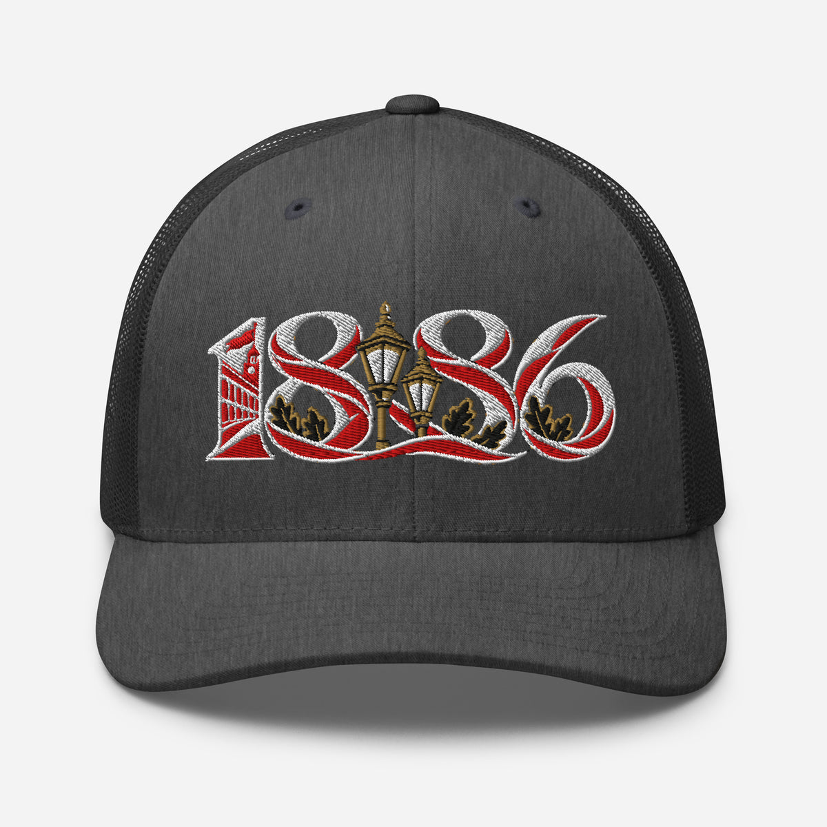 Arsenal 1886 Heritage Embroidered Football Trucker Cap – dark heather gray front view