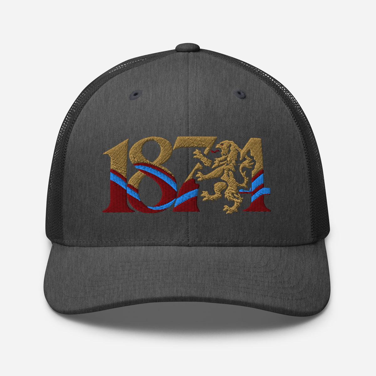 Aston Villa 1874 Lion Heritage embroidered football trucker cap, dark heather gray colour, front view