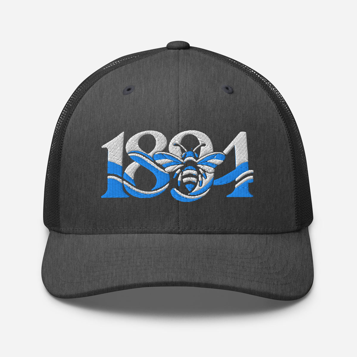 Manchester 1894 Worker Bee Heritage embroidered football trucker cap, dark heather gray colour, front view