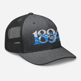 Manchester 1894 Worker Bee Heritage embroidered football trucker cap, dark heather gray colour, right-front view