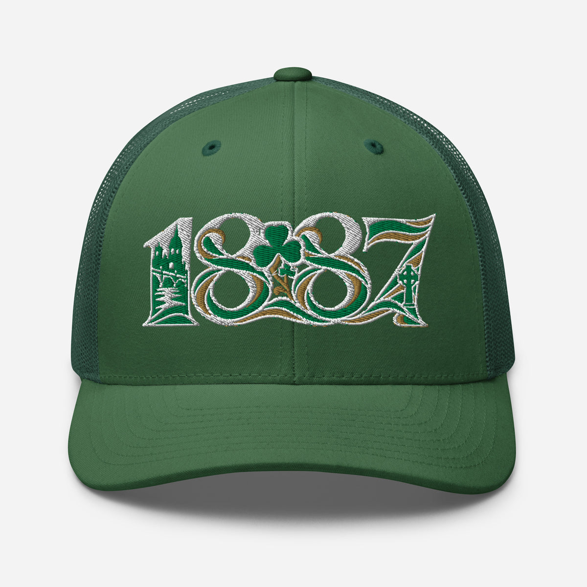 Celtic 1887 Founding Year Inspired Embroidered Football Trucker Cap – evergreen front view