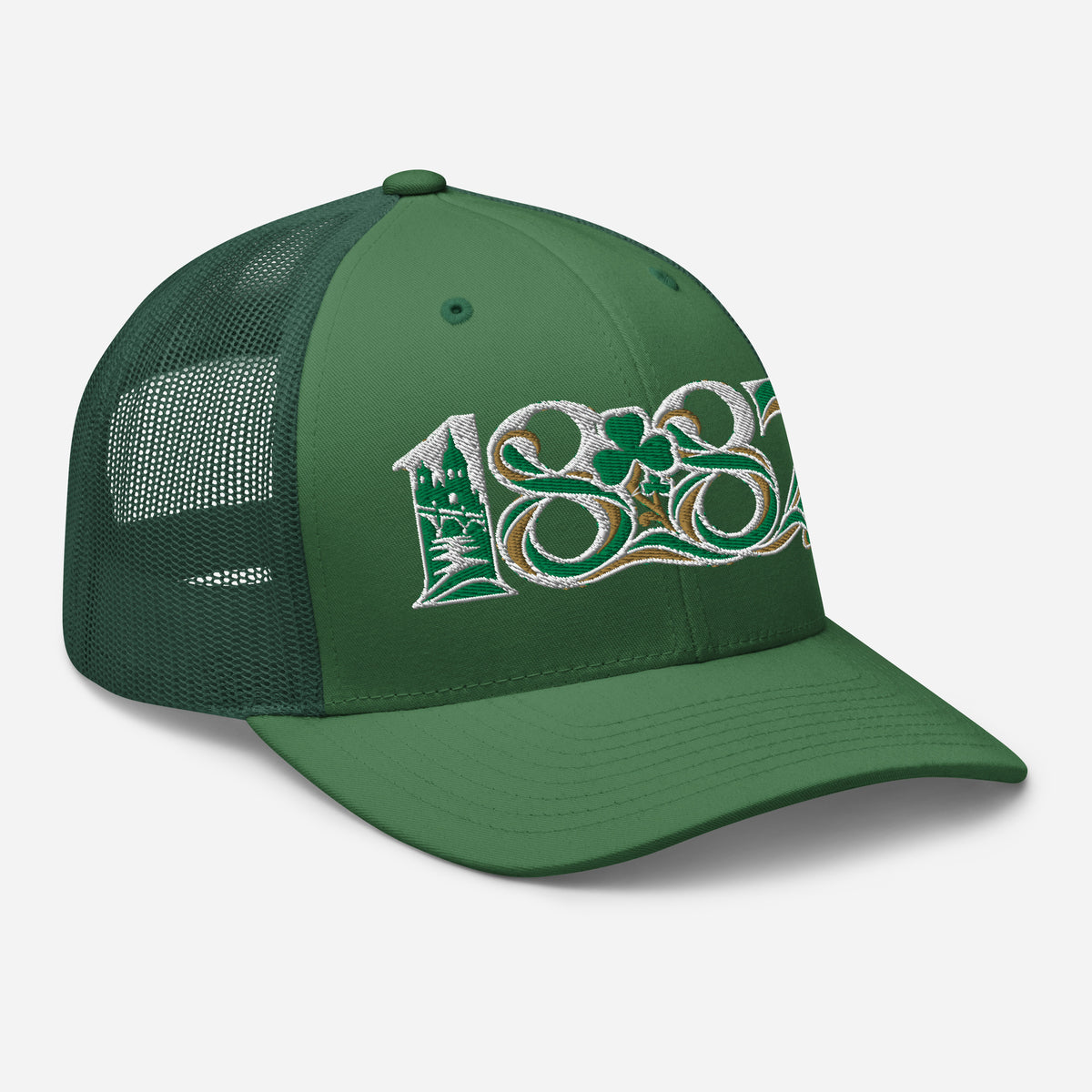 Celtic 1887 Founding Year Inspired Embroidered Football Trucker Cap – evergreen right front view