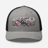 Fulham 1879 Heritage embroidered football trucker cap, heather black colour, front view