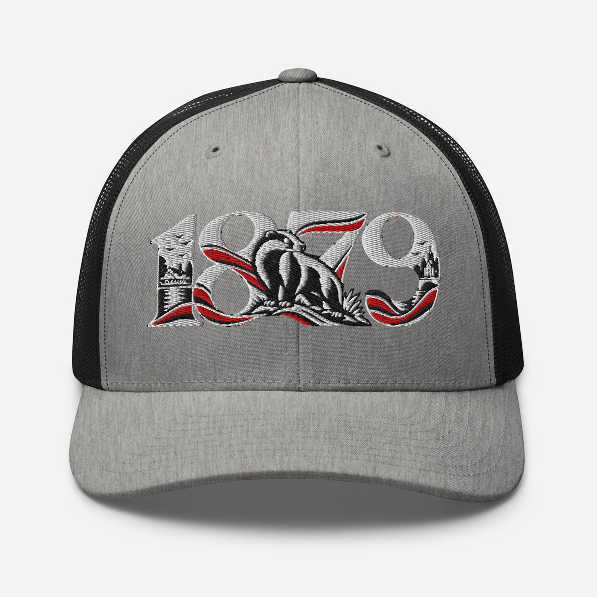 Fulham 1879 Heritage embroidered football trucker cap, heather black colour, front view