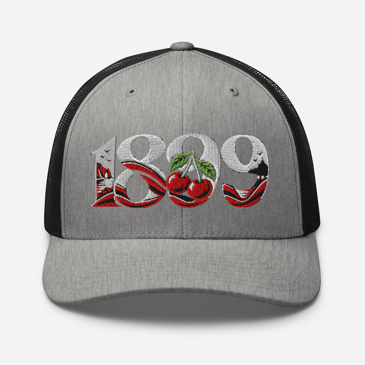 Bournemouth 1899 Heritage Cherries embroidered football trucker cap, heather black colour, front view