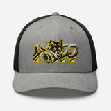 Wolves 1877 Heritage Wolf embroidered football trucker cap, heather black colour, front view