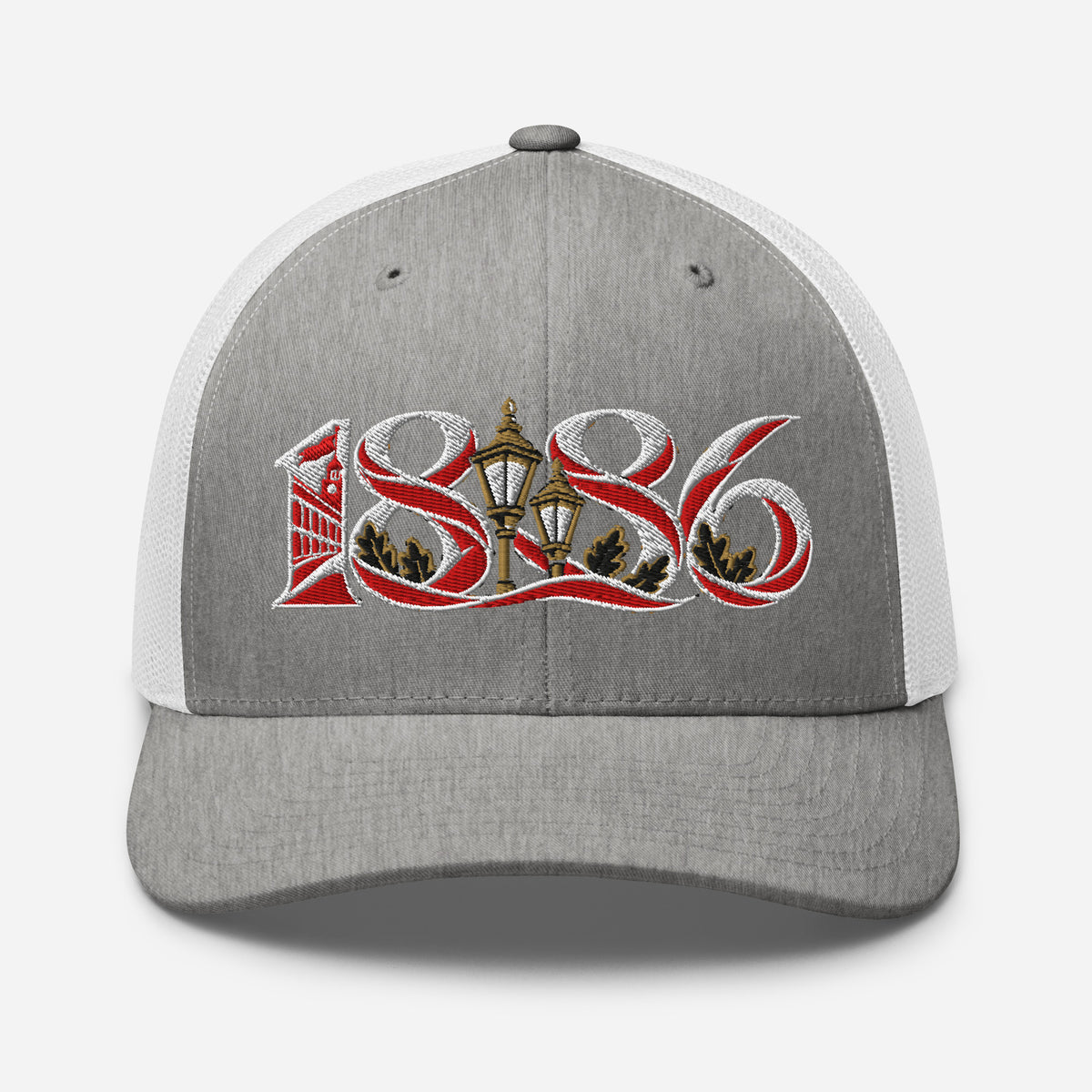 Arsenal 1886 Heritage Embroidered Football Trucker Cap – heather grey white front view