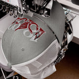 Liverpool 1892 Heritage Liver Bird Embroidered Football Trucker Cap – heather grey white front view