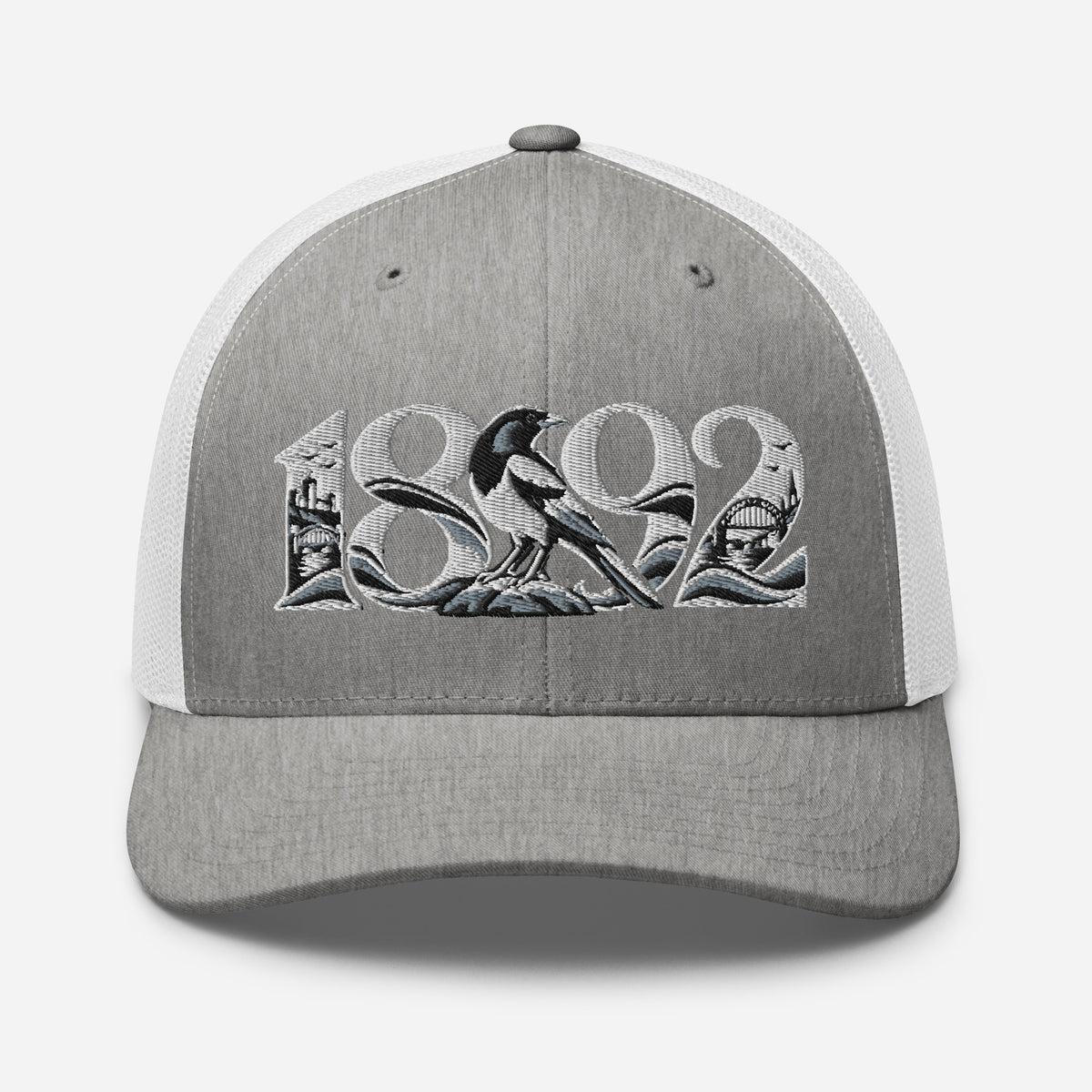Newcastle United 1892 Heritage Embroidered Football Trucker Cap – heather grey white front view