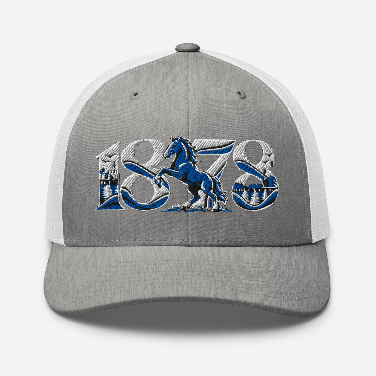 Ipswich Town 1878 Heritage Embroidered Football Trucker Cap – heather grey white front view