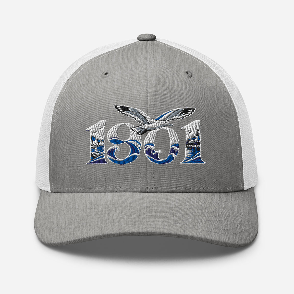 Brighton 1901 Heritage Seagulls Embroidered Football Trucker Cap – heather grey white front view