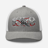 Fulham 1879 Heritage embroidered football trucker cap, heather grey white colour, front view
