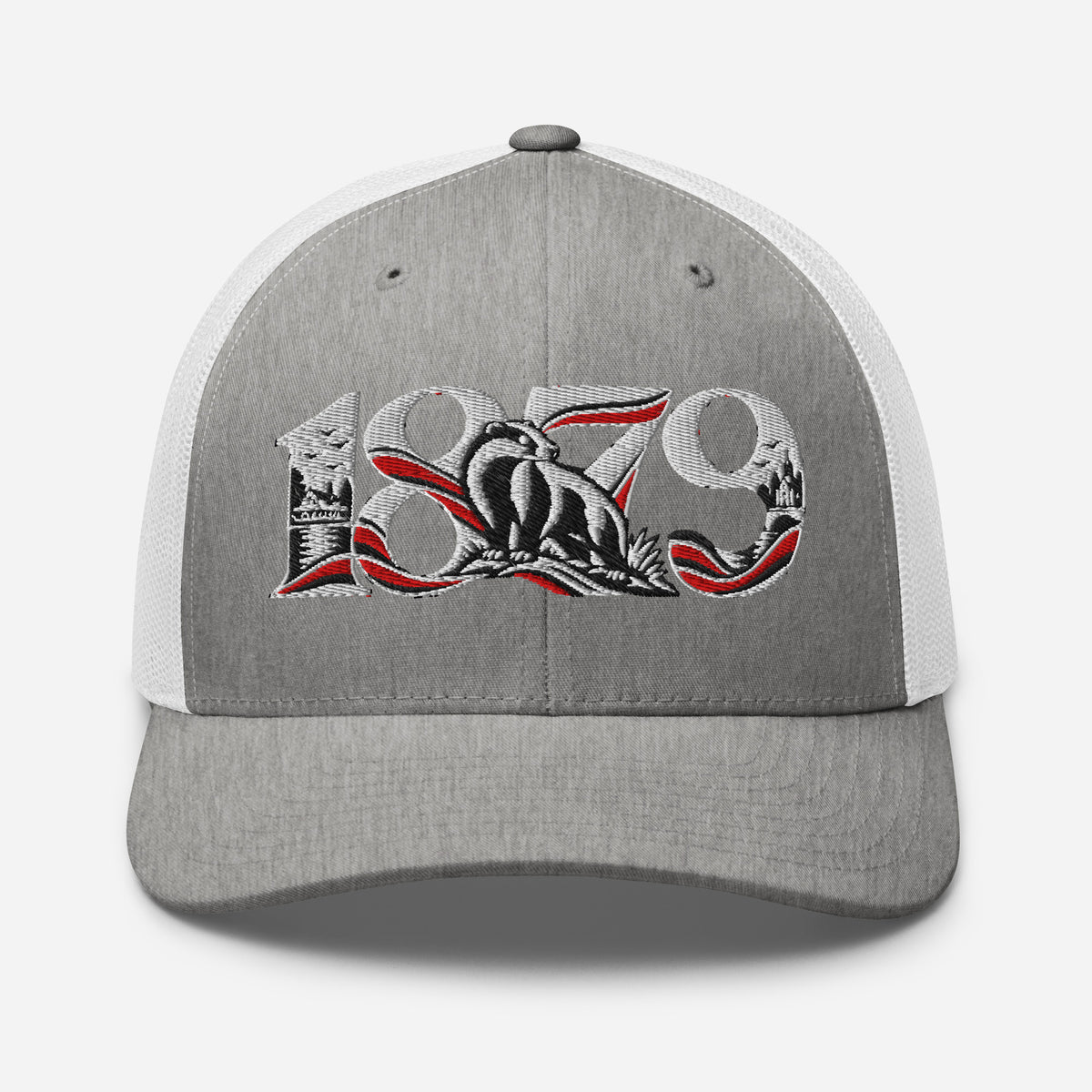 Fulham 1879 Heritage embroidered football trucker cap, heather grey white colour, front view