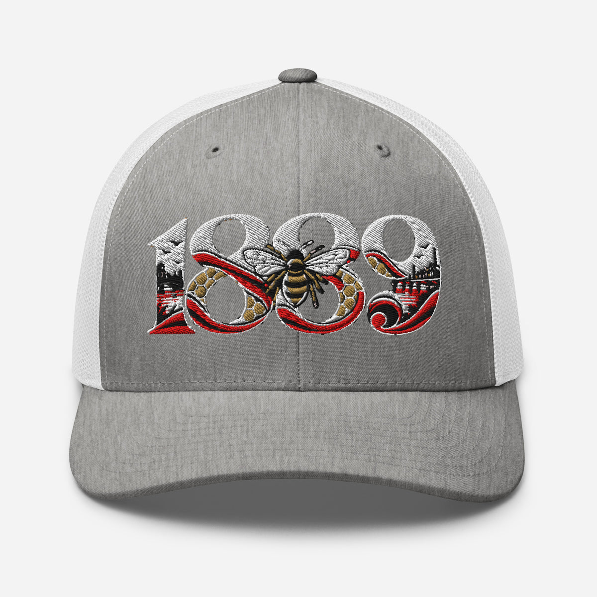Brentford 1889 Heritage Bees embroidered football trucker cap, heather grey white colour, front view