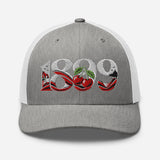 Bournemouth 1899 Heritage Cherries embroidered football trucker cap, heather grey white colour, front view