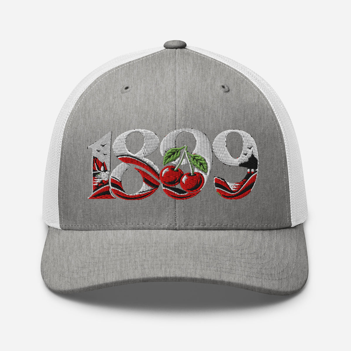 Bournemouth 1899 Heritage Cherries embroidered football trucker cap, heather grey white colour, front view