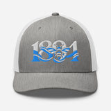 Manchester 1894 Worker Bee Heritage embroidered football trucker cap, heather grey white colour, front view