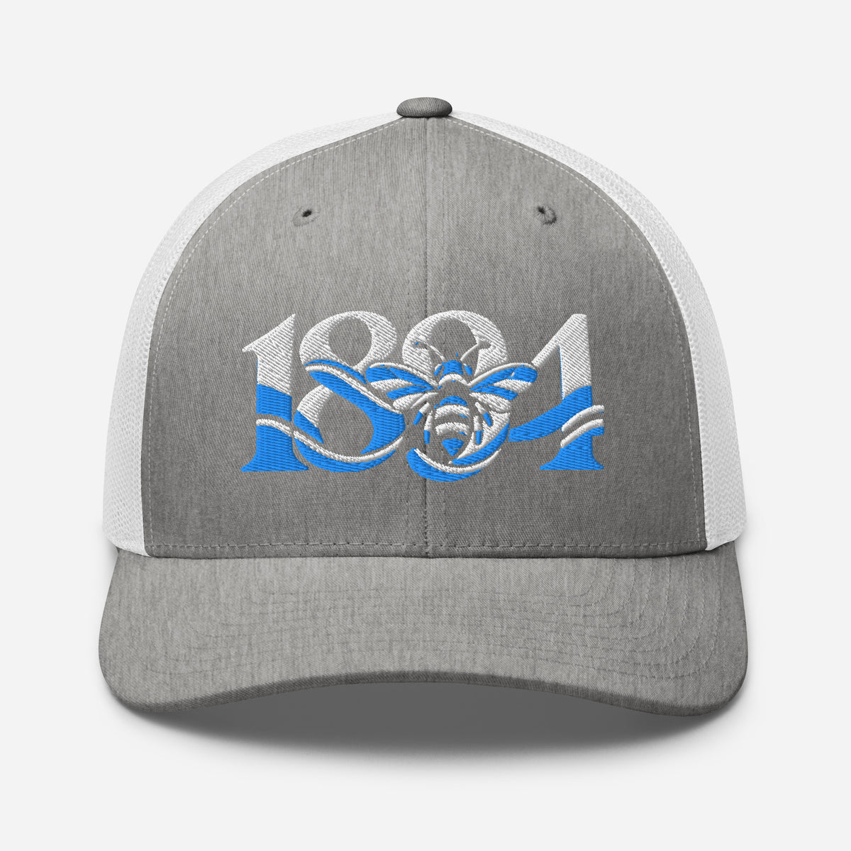 Manchester 1894 Worker Bee Heritage embroidered football trucker cap, heather grey white colour, front view
