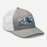 Ipswich Town 1878 Heritage Embroidered Football Trucker Cap – heather grey white right front view