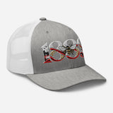Brentford 1889 Heritage Bees embroidered football trucker cap, heather grey white colour, right-front view