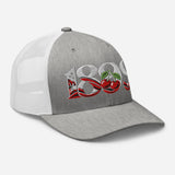 Bournemouth 1899 Heritage Cherries embroidered football trucker cap, heather grey white colour, right-front view