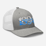 Manchester 1894 Worker Bee Heritage embroidered football trucker cap, heather grey white colour, right-front view